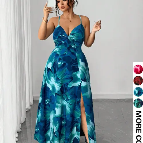 Plus Size Women Floral Print Halter Sleeveless Dress, Summer Watercolor Style, Elegant Printed Design, Deep V Neck, Slim Fit, Midi Length, High Split, Versatile for Multiple Occasions