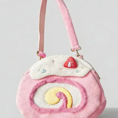 Fashionable Plush Cake Roll Shoulder Bag, Decorated with Strawberry Frosting, Gradient Rolled Design, Sweet and Cute Style, Trendy Crossbody Bag for Daily Street Dates, Embellished Shoulder Bag