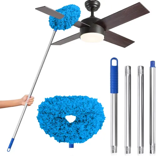 DGAPHRO Ceiling Fan Cleaner Duster,Reusable Microfiber Duster with Extension Pole,Stainless Steel Removable Dusters for Cleaning Walls Bookshelves Door Window Top (Blue).