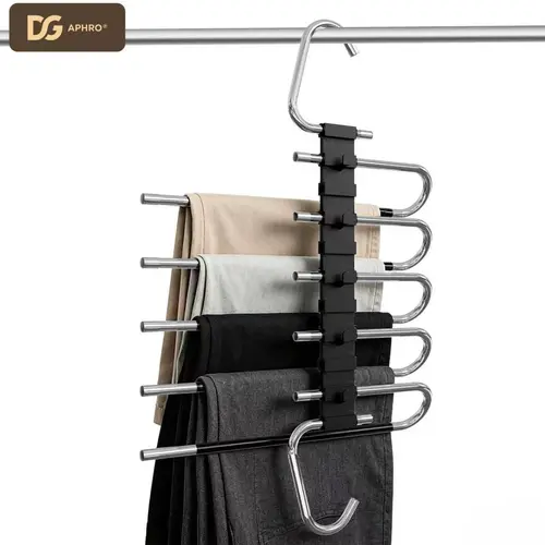 DGAPHRO Sturdy Stainless Steel 5-Tier Pants Stack Hangers - Heavy-Duty Plastic Non-Slip Anti-Slipping Wardrobe Organizer for Hanging Pants, Jeans, Skirts - Sports & Outdoor Closet Storage Solution