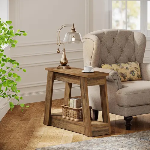 LITTLE TREE Wood End Table, Small Side Table with 2 Storage Shelves, Rustic Accent Narrow Nightstand for Living Room, Bedroom