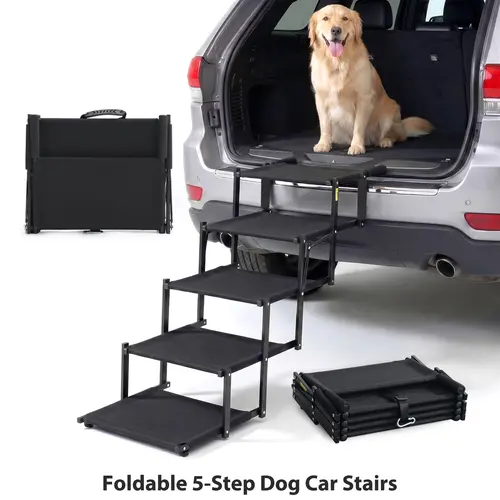【familyfun】Cozila Foldable 5-Step Dog Stairs for Cars - Anti-Slip Textured Surface, Sturdy Compact Metal Frame Solid Fabric Pet Steps, Trunk-Ready Fold, Fits SUVs & Trucks, Supports 150 lbs, Pet Travel Camping Essentials for Beds familyfun