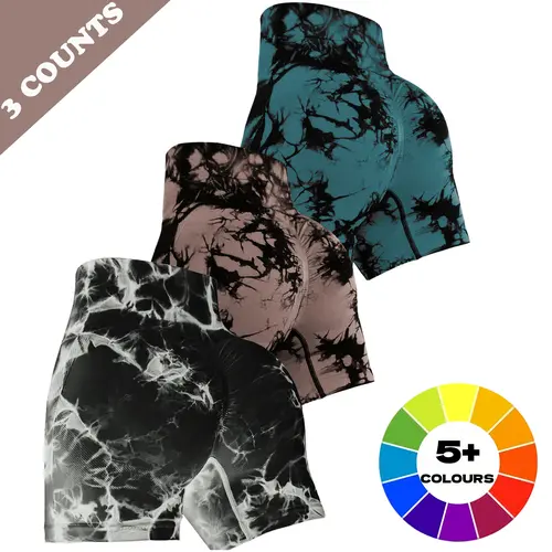 Women's 3-Piece Tie-Dyed High-Waisted Elastane Poly Sports Shorts for Women in Sports, Anti-Odour Quick-Dry Breathable Lightweight Stretchy Body-Shaping Slim-Fit Multi-Size Athletic Bottoms for Gym, Yoga