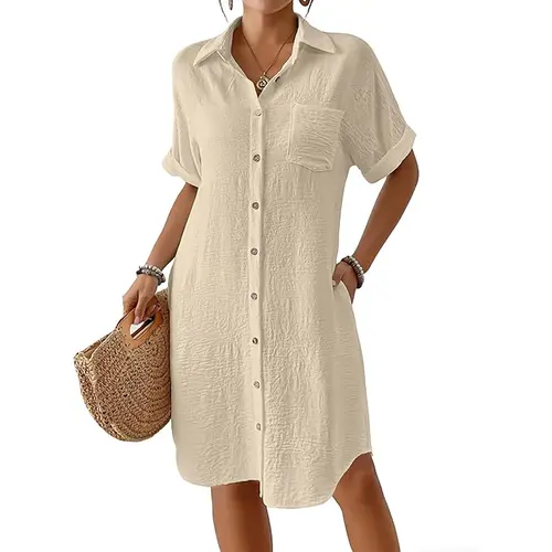Bsubseach Women's Polyester Button-Front V-Neck Short-Sleeve Lightweight Beachwear Coverup Dress with Belt, Hidden Pocket & Swim-Friendly Casual Coverage for Bikini Use - Women's Sports & Outdoor Swimwear Cover Up
