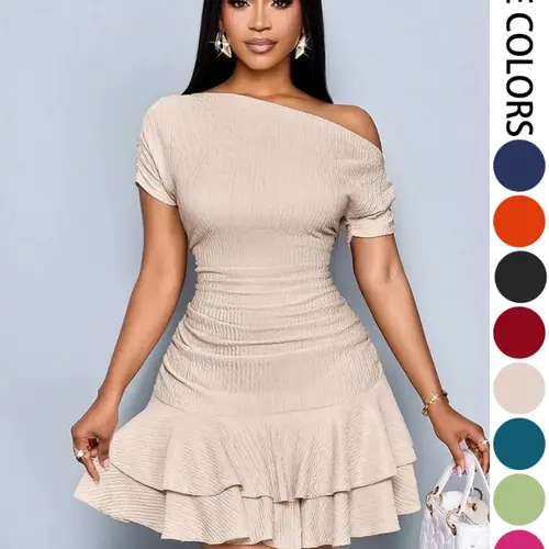 Women's Summer Casual Plain Color Dress, Chic Elegant Slim-Fitting Ruffled Design, Perfect for Daily Wear & Special Occasions