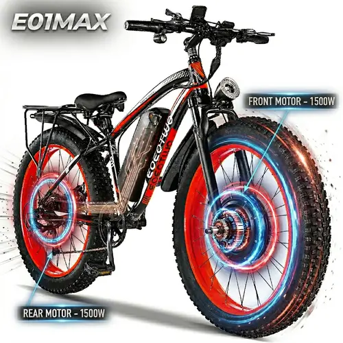 EOEOTWO E01MAX Electric Bicycle for Adults - 3000W Peak Power, 26x4-in Wide Tyres, 48V 23Ah All-Terrain Ebike, 80-Mile PAS Range, 40mph Max Speed, Latest LED Display Screen Dashboard - Suitable for Road, Mountain, Snowy Terrain