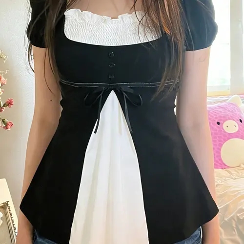 Women's Cute Bowknot Frill Trim T-Shirt, Y2K Bubble Sleeves Button A-Line Patchwork Summer Top, Knotted Top