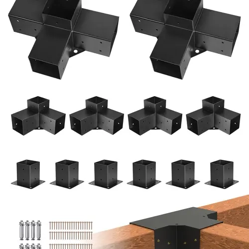 VEVOR Carbon Steel 4x4 Pergola Brackets Kit, Fits 3.5x3.5 In Actual Wood Beams, 4 Pcs 3-Way, 2 Pcs 4-Way & 6 Post Bases, Detachable Design, Easy Maintenance, Long-Term Stability, Corrosion-Resistant, Builds Double Flat Pergolas, Gazebos, Sheds