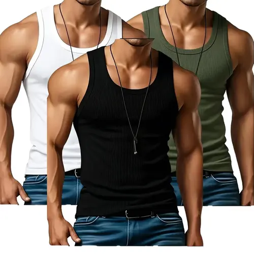 Men's 3PCS Ribbed Knit Tank Tops - Polyester Fabric, Lightweight  Sleeveless Plain Menswear Casual Vests for Gym, Daily Wear, Outdoor Fitness,summerwins