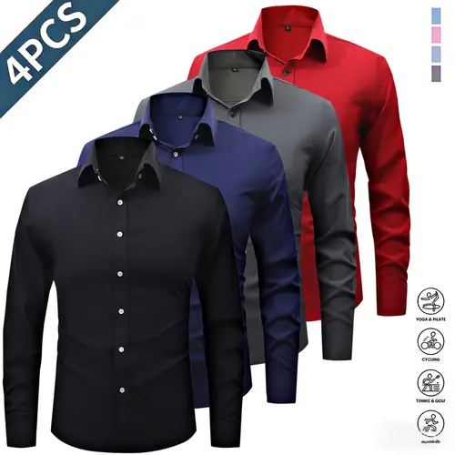 Four solid-color men’s long-sleeve shirts with a notched lapel collar, classic pointed lapel design that is sharp and well-structured, button placement that fits comfortably against the neck, Menswear Casual Top fathersdaygift,summerwins,father'sdaygifts