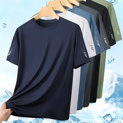 Men's 4-Pack Dry Fit Active Short-Sleeve T-Shirts, Quick-Drying Breathable Summer Round Neck Tops with Reflective Logo, Ideal for Gym, Runs