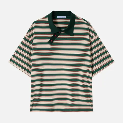 AELFRIC EDEN Men's Retro Striped Short-Sleeve Casual Polo Shirt - Spandex Polyester Blend, Vintage Regular Fit Top with Asymmetric Button Placket, 2000S Streetwear Clothing, True-To-Size, Soft Texture, Moves With Your Day