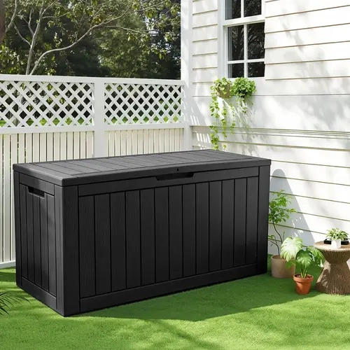 BIFANUO 100 Gal Lockable Resin Outdoor Storage Bin - Waterproof, UV-Resistant, Weathertight, Large Capacity for Tools, Gardening Supplies, Versatile Use, Fast Delivery, Black (Assembly Required; Ideal for Pool Accessories)