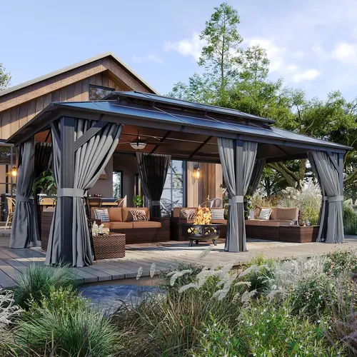 Aoxun Permanent Hard Top Gazebo (10'x14/12'x20'), Modern Metal Aluminum Frame Canopy, Outdoor Patio Structure with Double Wall Polycarbonate Roof, Curtains, Mosquito Netting, Brown&Gray for Backyard, 2/4-Package Shipping