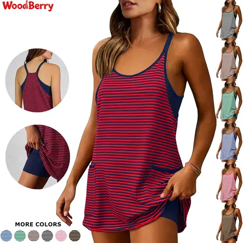 WoodBerry Women's Basic Fitted Sleeveless Cool V-Neck Striped Cotton Blend Active Wear Dress - 2 in 1 Design, Built-in Shorts, Pockets, Above Knee, Yoga Athletic Dress, Running Attire, Sporty Chic