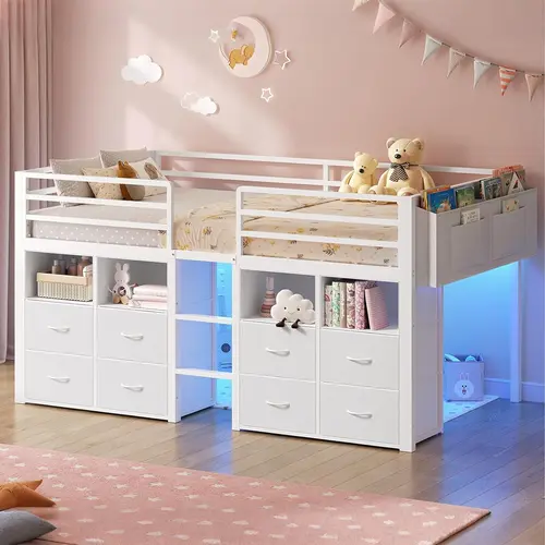Sikaic Twin Size Low Loft Bed for Kids with 8 Storage Drawers, Bookcase & LED Lights, Metal Loft Bed with 14" High Safety Guardrails, Under-Bed Play Space, No Box Spring Needed, White, Home Furniture Christmas Gifts cozy home familyfun [TikTokShopblackfri