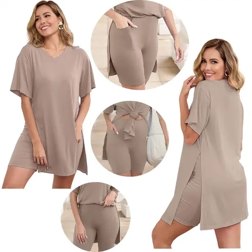 METAONLY Women's Plus Size 2-Piece Spandex Outfit Sets - V-Neck Short Sleeve Crop Top Tunic, Above-the-Knee Skinny Biker Shorts, Bodycon Split Hem Casual Women's Set for Evening Wedding (SpringTok)