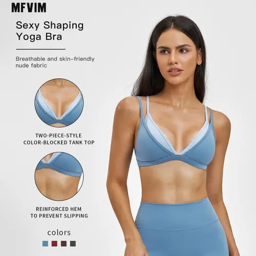 MFVIM Women's Elegant Colorblock Faux 2-Piece Thin-Strap Sports Bra Tank Top, Breathable Gym Workout Apparel, Female Women in Sports Activewear for Yoga, Upper Body Training, Note: Do Not Dry Clean