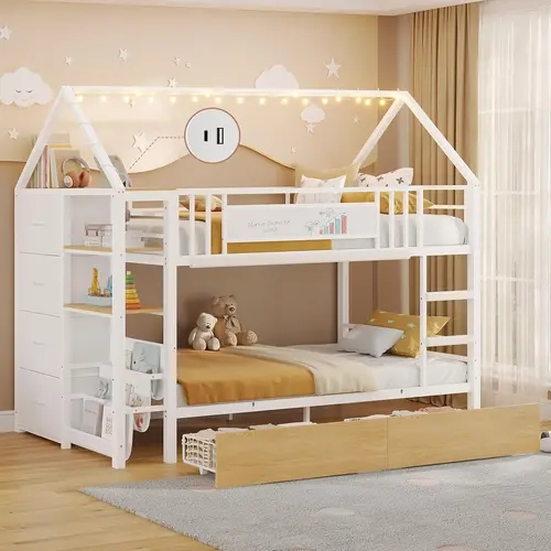 Sikaic Twin Over Twin Bunk Bed with Storage Drawers & Globe String Lights, House Shaped Low Bunk Bed with Montessori Bookshelves, Metal Bunk Bed with Ladder and Guardrails, Space-Saving Bed Frame, Home Furniture Christmas Gifts [TiktokShopFallDealsForYou]