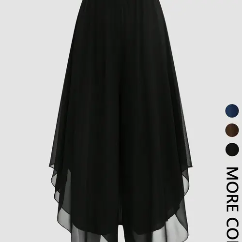 Spring Summer Women's Black Chiffon Elegant Elastic High Waist Asymmetric Hem Wide-Leg Pantskirt for Office and Daily Wear