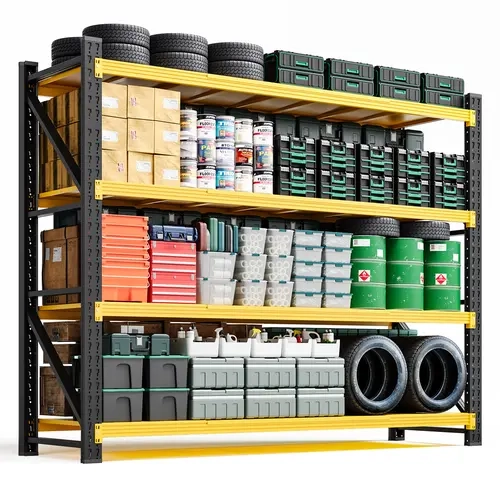 Letaya 4-Layer Adjustable Metal Shelf - Stable Sturdy Heavy-Duty Industrial Powder-Coated Steel Floor Standing Rack, 48/60/70/79in Wide with Locking Pins, Ribbed High-Capacity Indoor Organizer for Shop, Garage