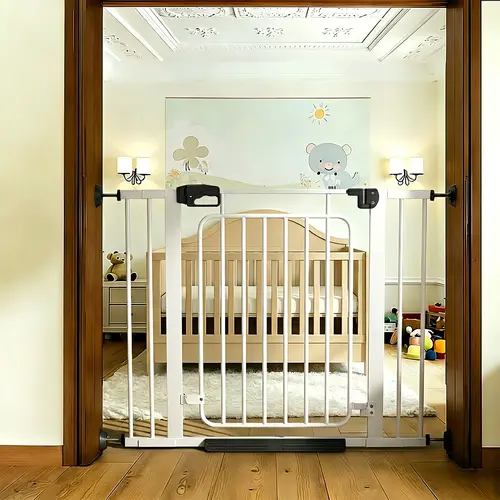 Flycity  Baby Extra Wide Baby Gate for Doorways,Auto Close Safety Gates for Bedroom, Fits 29.6 Inch to 42.5 Inch with Pressure Mounted Extention Kit, Easy Walk Thru Child Safety, White