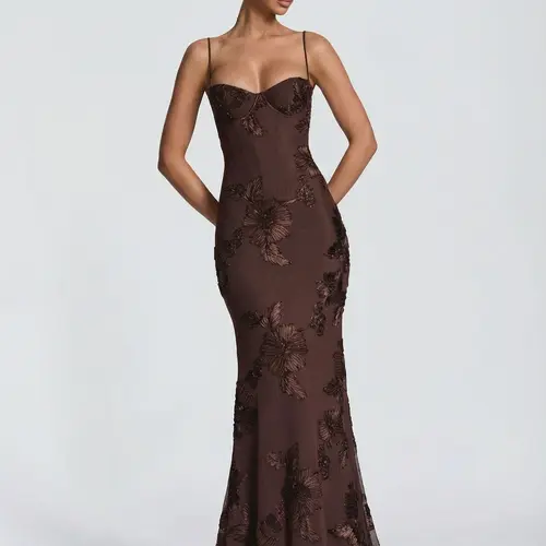 LikeMyChoice Women's Solid Color Lace Backless Tie-Up Bodycon Maxi Dress - Elegant Sheer Embroidered Formal Piece with Boning Support, Back Tie Option for Wedding Guests