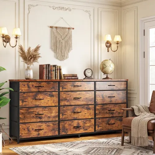 Raybee 55" Rustic Brown Rectangle Bedroom Dresser - Sturdy 12 Large 2-Size Drawers Chest, Reinforced Anti-Wobble Frame, Waterproof Wood Top, 60" TV Support, Silent Glide, Small Space Furniture, Apartment Furniture, Entertainment Center