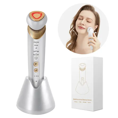 Yuonry 6-in-1 Lightweight Purple Plastic Facial Beauty Device - Anti-Wrinkle, Microcurrent, Vibration, Heat, Cooling, 5-Color LED Therapy, Deep Cleansing, Eye/Face/Neck Lift & Firm, Rechargeable, Sensitive Skin Soothing, Mothers' Gift for Face Care