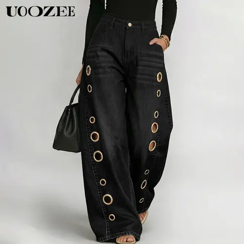 UOOZEE Women's 2026 New High-Waist Buttoned Geometric Hollow Pocket Loose Cotton Denim Trousers - Spring-Summer Casual Wear Everyday Bottoms with Eyelet Cutouts- Pair with Top, Tank Top