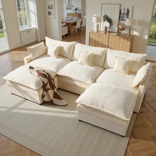 【2/3 Packages Shipping】OVIOS 110" U-Shaped Modular Cloud Couch, Oversized 3-Seater Sectional Sofa with 2 Movable Ottomans, Deep Seat Chenille Upholstered Couch for Living Room, Bedroom & Apartment