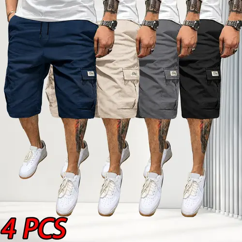 Men's 4-Piece Fitted Matching Shorts Set - Casual Summer Drawstring Color-Mixed Shorts, Lightweight Breathable, Slanted Multipocket, Versatile Everyday Beach Gym Wear Brown, Black, Green, Pink, Color-Mixed Men's Shorts, Fitted Men's Shorts fathersdaygift,