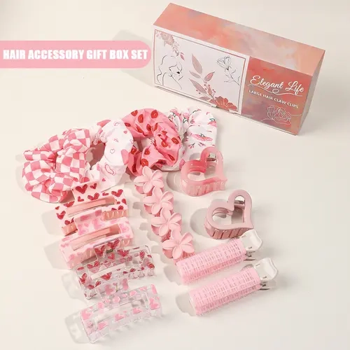 Ladies' 16PCS Pink Aesthetic Plastic PS Hair Accessory Gift Set (Boxed) - 10 Heart/Flower Clips, 4 Scrunchies, 2 Rollers (Clips & Rolls), Cute Hair Tools for Daily Dates, Girly Look Elegant Option #PinkHairAccessories #LadiesHairEssentials