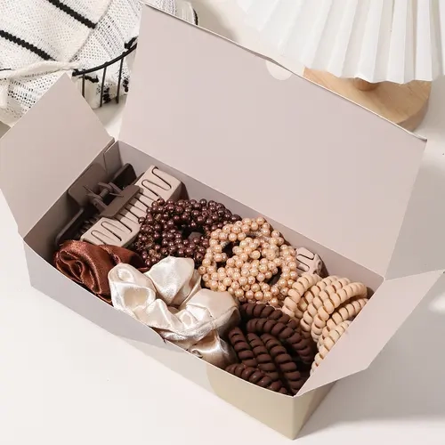Women's 30PCS Fine Coffee Series Nylon Chic Hair Accessory Gift Set - Satin Scrunchies, Telephone Cord Ties, Faux Pearl Ties, Hair Clips, Abs Accessories - Neutral Tone Mixed Styles Kit for Daily Use, Elegant Gifting #CoffeeHairKit #LadiesHairEssentials