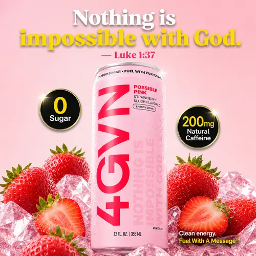 4GVN Christian Natural Energy Sport Drink - Pink Strawberry Slush Flavor, 200mg Caffeine Boost, 0 Sugar (Sugar Free), L-Theanine, Sparkling, B Vitamins, Healthy Energy Drinks for Adults