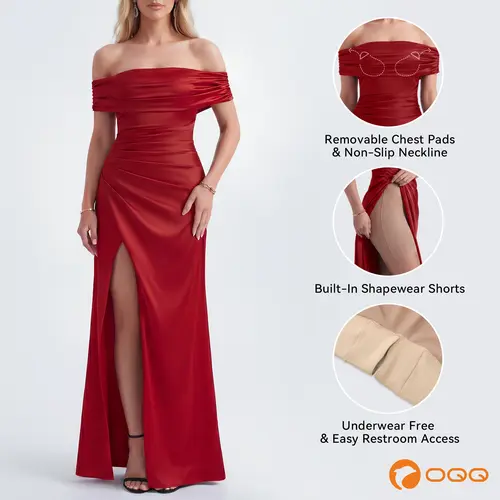 OQQ Women's Fitted Stretch Satin Ruched Off-Shoulder Bodycon Formal Gown - Built-in Shapewear, High Slit, Womens Dresses, Birthday Dresses, Party Attire