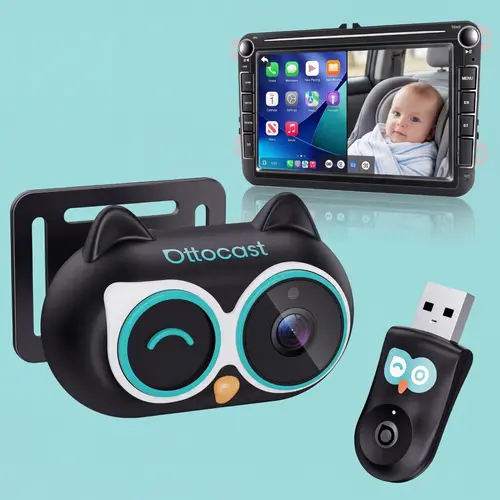 【FathersDayGift】OTTOCAST Baby Camera for Car Wireless CarPlay Adapter, 1080P HD Car Screen Display Rear Seat Monitor, 150° Wide Angle, No-Glow Night Vision, Safety for Kids & Infants