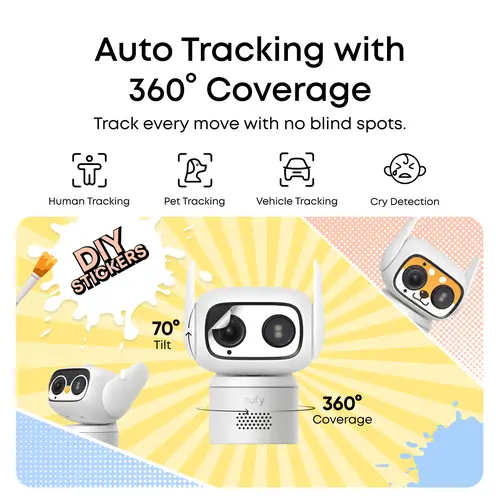 Eufy Security Wired Camera C31 Indoor Outdoor 360° Pan&Tilt, 24/7 Recording, IP66 Waterproof, Color Night Vision, AI Auto Tracking Human/Vehicle/Pet/Cry Detection, Local microSD Storage, No Monthly Fees for Wi-Fi Home Surveillance