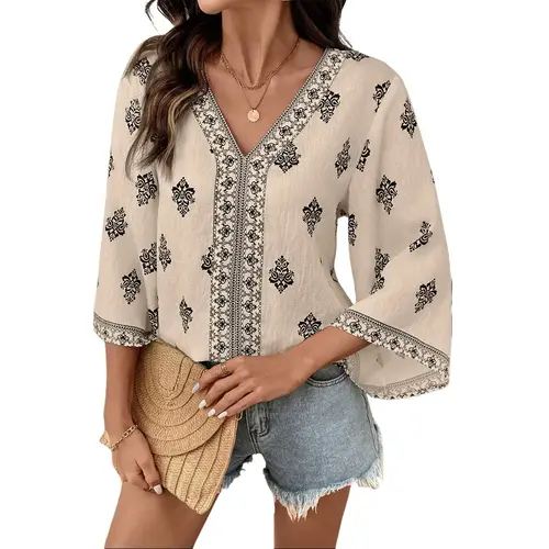 Shewin Women's Blouse V Neck Paisley Border Print Loose Fit Flare 3/4 Sleeve Viscose Fabric for everyday casual DealsForYouDays,summerwins,summeroutfits,vacationoutfits,beachoutfits Womenswear Vneck Polyamide