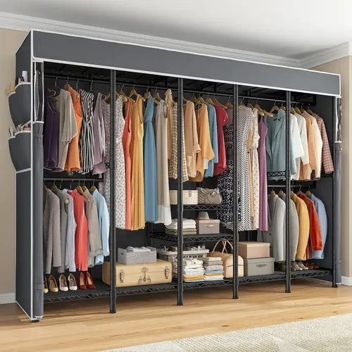 Raybee 88.2" W Clothes Rack Heavy Duty Clothing Racks for Hanging Clothes, Height Adjustable Extra Wide Portable Closet Loads 1200LBS Freestanding Garment Rack for Bedroom 88.2" W x 75.6" H x 15.7" D, White, Black