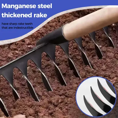 Vaseeka Manganese Steel 10-tine Rake for Soil Loosening & Weeding - Indestructible Sharp Teeth for Garden Work Durable Gardening Tools, Garden Hoe, Yard Rake