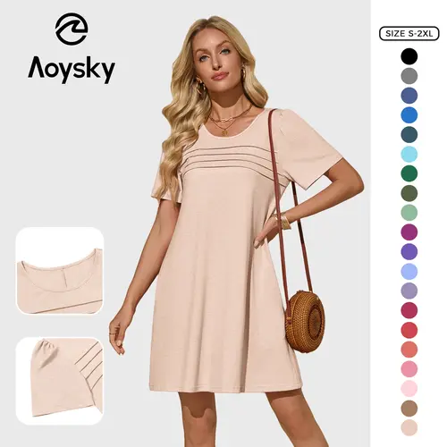 Aoysky Women's Minimalist Basic Crew Neck Short-Sleeve Pleated Front Loose Flowy Mini Dress - Classy, Basic, Crew Styles for Summer Beach Wear, Classy Casual Dresses, Basic Casual Dresses,summeroutfits,vacationoutfits,beachoutfits