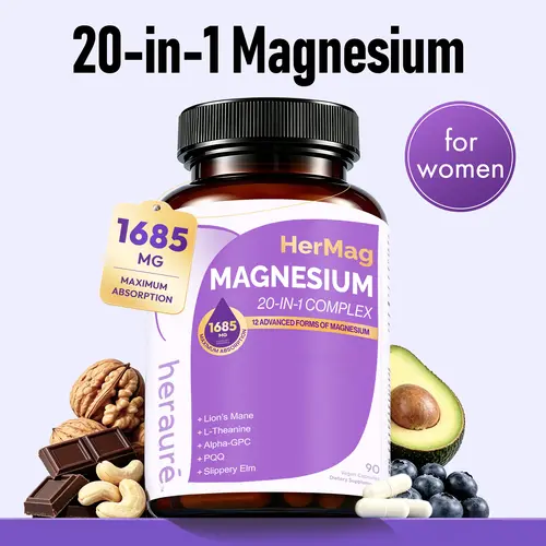 HerAuré 20-in-1 Magnesium Complex 1685mg - Brain Fog Relief, Reduce Overthinking & Calm Mind, Stress Relief & Sleep Comfort, Digestion, Muscle & Energy Support, 12 Forms of Magnesium, B6, Zinc & Slippery Elm, beach essentials, Deals For You Days，G