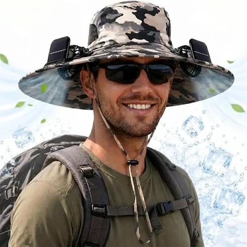 Men's Wide-Brimmed Outdoor Fishing Cap with 2 Fans - Breathable 2026 Summer Sun Hat for Outdoor Activities: Fishing, Camping