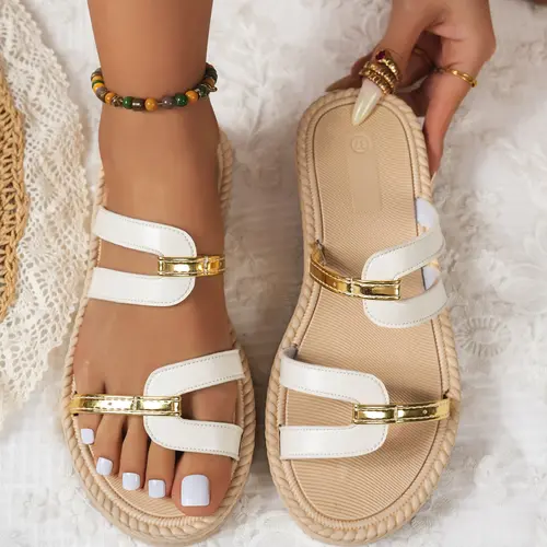 Women's Round Toe PU Leather Sandals, Trendy Sandals, Fashionable Comfy Sandals, Ultra-Lightweight Summer Travel Shoes, Easy Slip-On Design, Casual Beach Vacation Footwear, Flat Sandal, Holiday Sandals