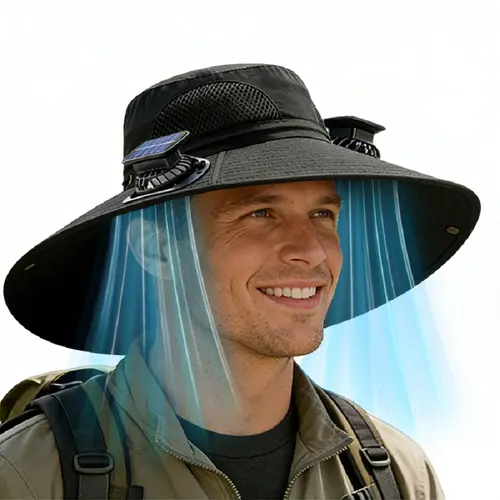 Solar fan cap, UV resistant outdoor wide brimmed fisherman's cap, with 180 ° adjustable fan, UPF50, USB and solar power supply, suitable for beach, camping, outdoor, fishing