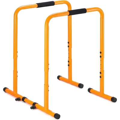 2-in-1 Adjustable Dip Stand & Pull-Up Bar – Heavy Duty 400lbs Capacity, 4 Height & Width Settings, Parallettes Push Up Stand with Soft Foam Handles for Home Gym (Black/Yellow)