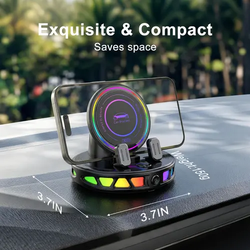 360° Rotating Wireless Charging Car Phone Mount with RGB Ambient Light – Ultra-Stable Vacuum Suction & Auto-Lock Gravity Holder for Dashboard & Windshield, Fits iPhone & Android