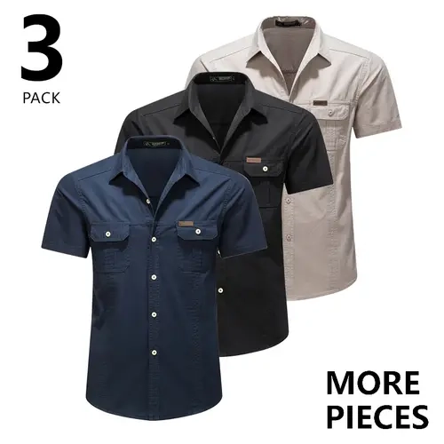 Men’s 3-Pack Button-Down Outdoor Shirts - Vintage Workwear Vibe, All-Season Relaxed Fit, Durable Solid-Color, Front Pocket, Casual for Camping, Hiking
