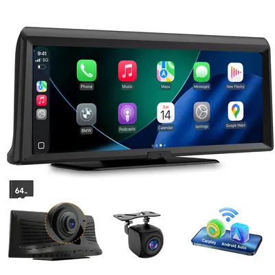 【Hieha】Wireless CarPlay Screen with 2K Dash Cam, 8.14" Portable Touchscreen Car Stereo with CarPlay & Android Auto, 1080P Backup Camera, Voice Control, Bluetooth, Mirror Link, GPS Navigation Car Video Players Car Media Player Car Monitor